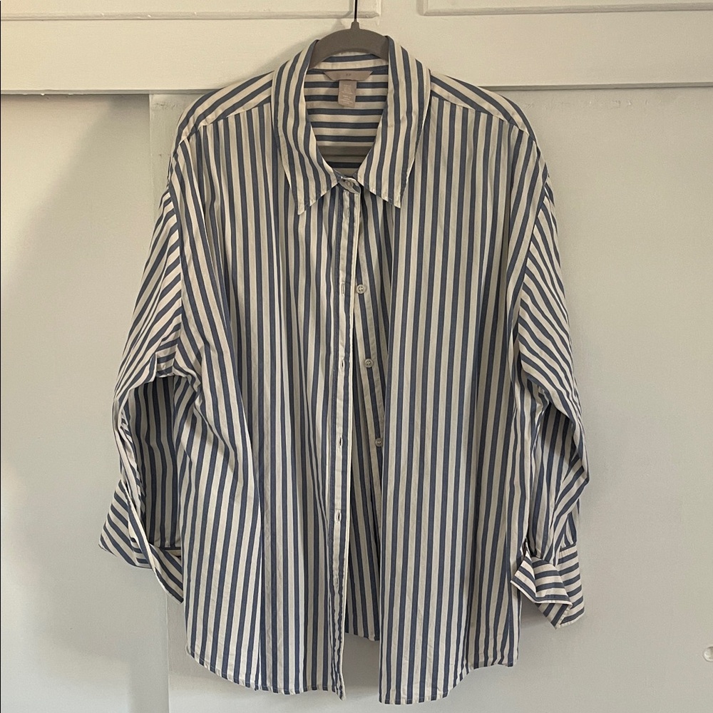 H&M Blue and White Striped Women's Button Down Shirt